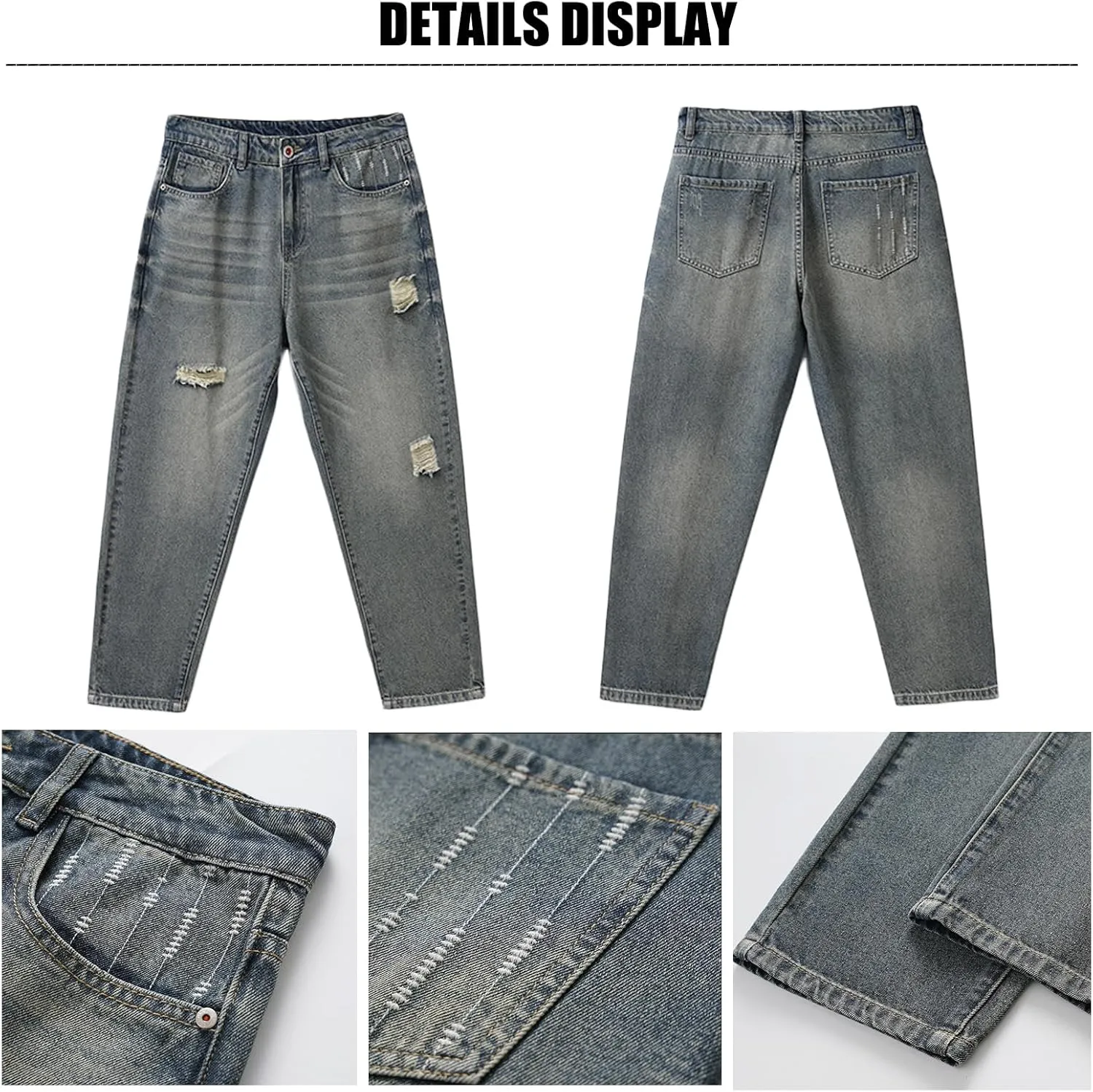 Baggy Straight Leg Ripped Jeans for Men Distressed Vintage Denim Pant Loose Ankle Length Harem Skater Street Jeans