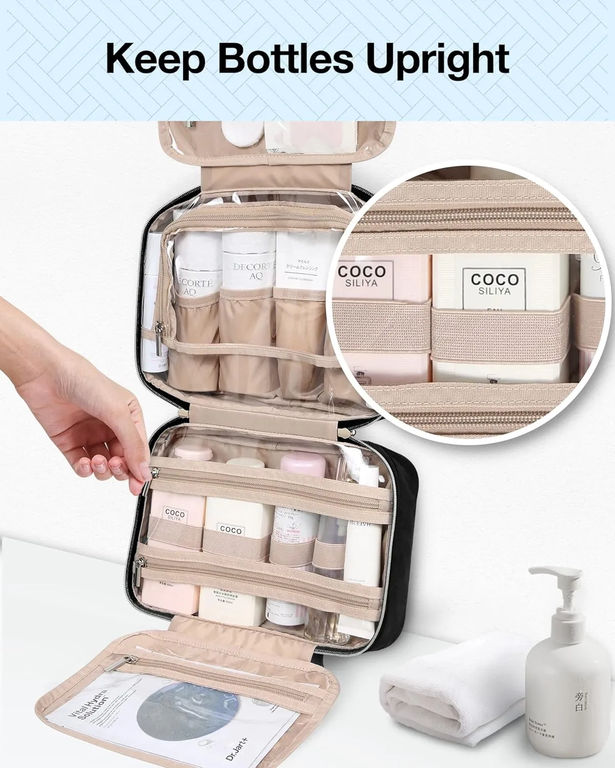 BAGSMART Toiletry Bag Hanging Travel Makeup Organizer with TSA Approved Transparent Cosmetic Bag Makeup Bag for Full Sized Toiletries, Large-Blck