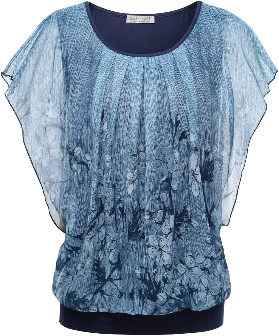 BAISHENGGT Womens Summer Tops Flutter Short Sleeve Pleated Front Mesh Shirts Dressy Casual Blouses