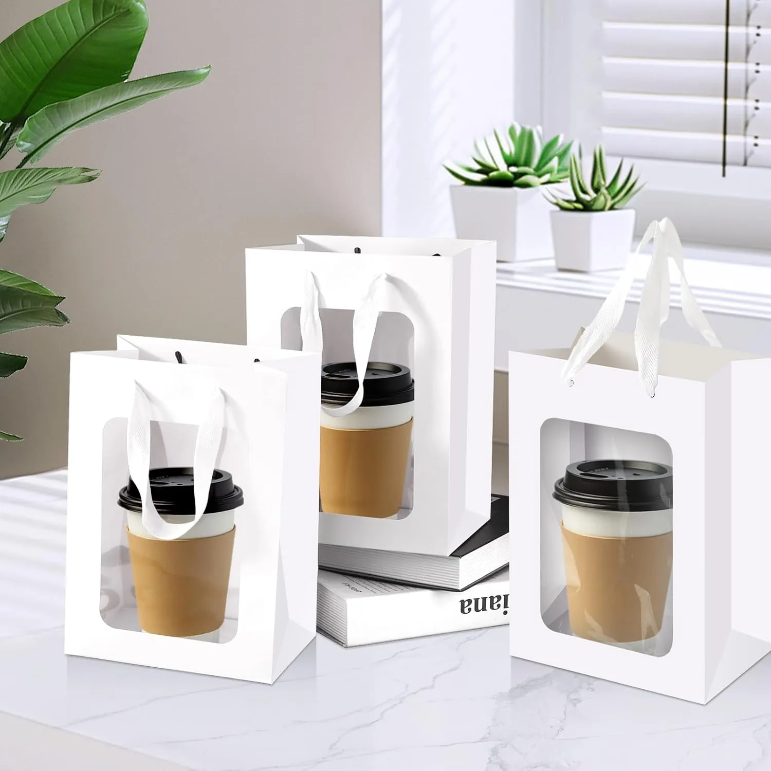 Bakbania 24 Pack Paper Gift Bags with Window,9.8 x 7.1 x 5.1 Inch Kraft Shopping Bouquet Gift Bags with Handle for Birthday, Weddings, Festival Party(White)
