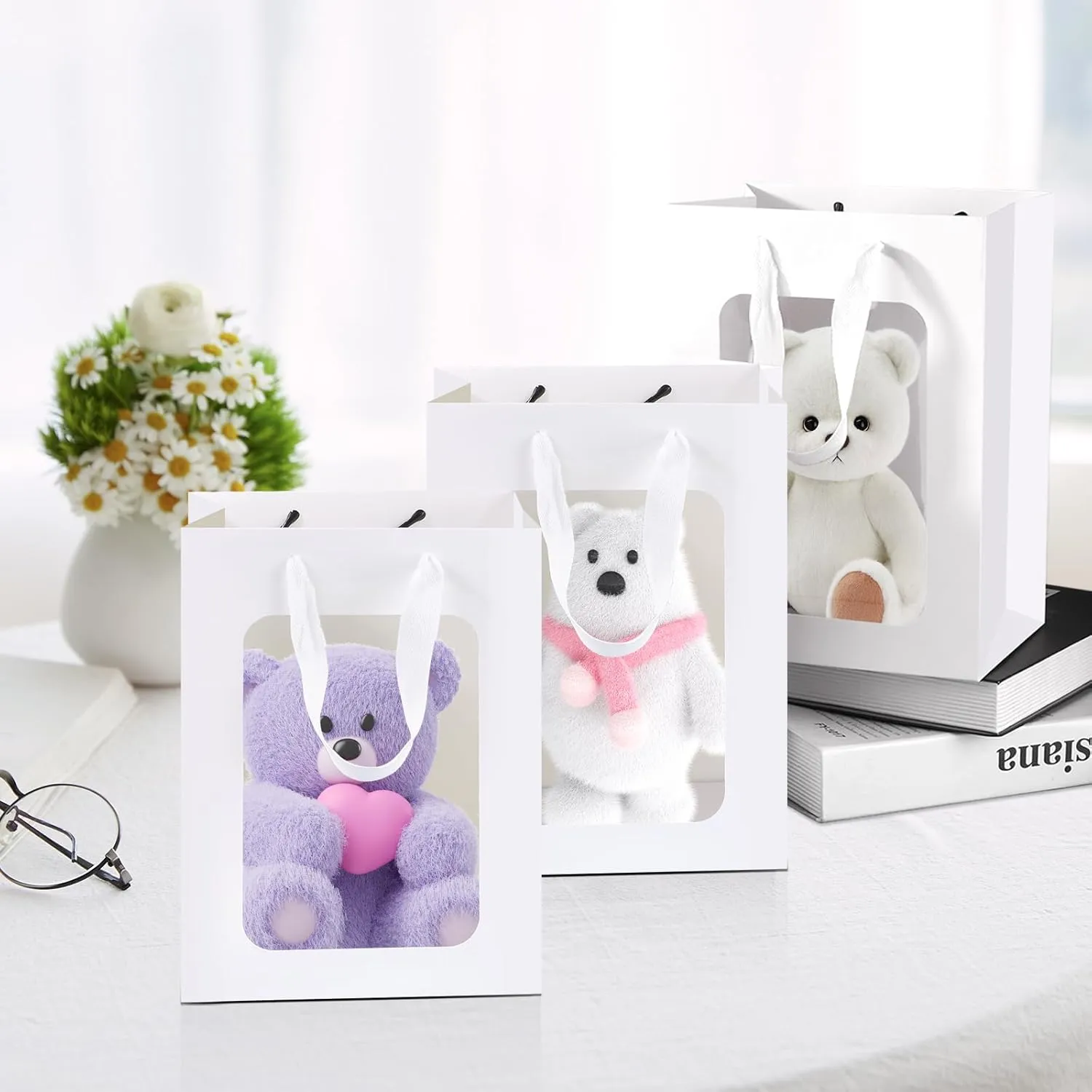 Bakbania 24 Pack Paper Gift Bags with Window,9.8 x 7.1 x 5.1 Inch Kraft Shopping Bouquet Gift Bags with Handle for Birthday, Weddings, Festival Party(White)