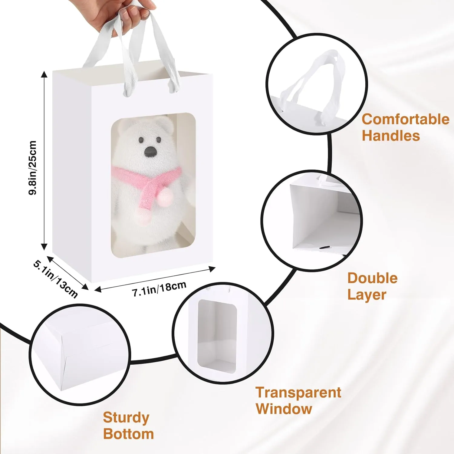 Bakbania 24 Pack Paper Gift Bags with Window,9.8 x 7.1 x 5.1 Inch Kraft Shopping Bouquet Gift Bags with Handle for Birthday, Weddings, Festival Party(White)