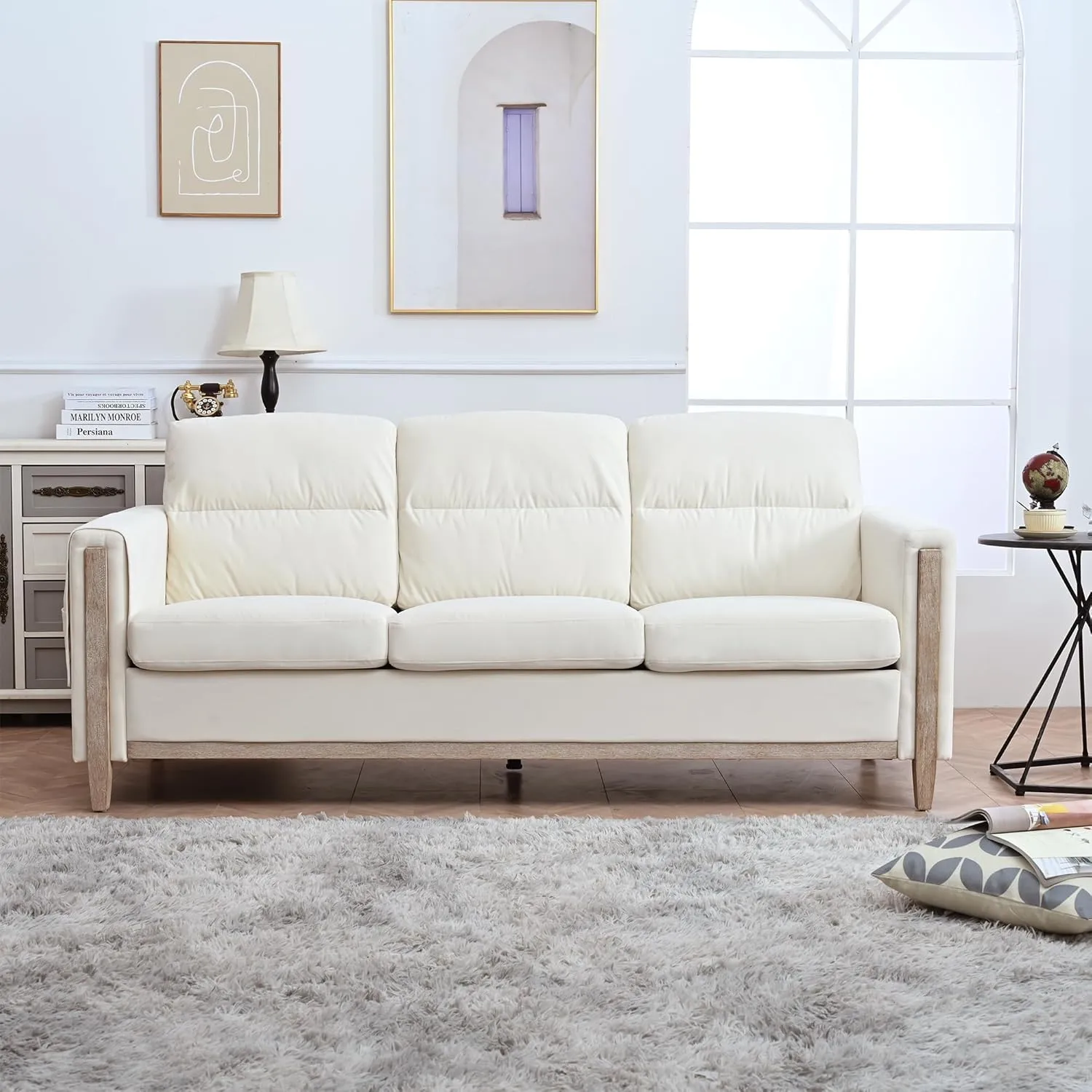 Ball & Cast 79.5" Sofa with Rubber Wood Legs,Modern Velvet Couch with Upholstered,Cushions and Side Pocket,Mid Century 3 Seater Comfy Couches for Living Room,Office,Apartment,Easy to Assemble,Beige