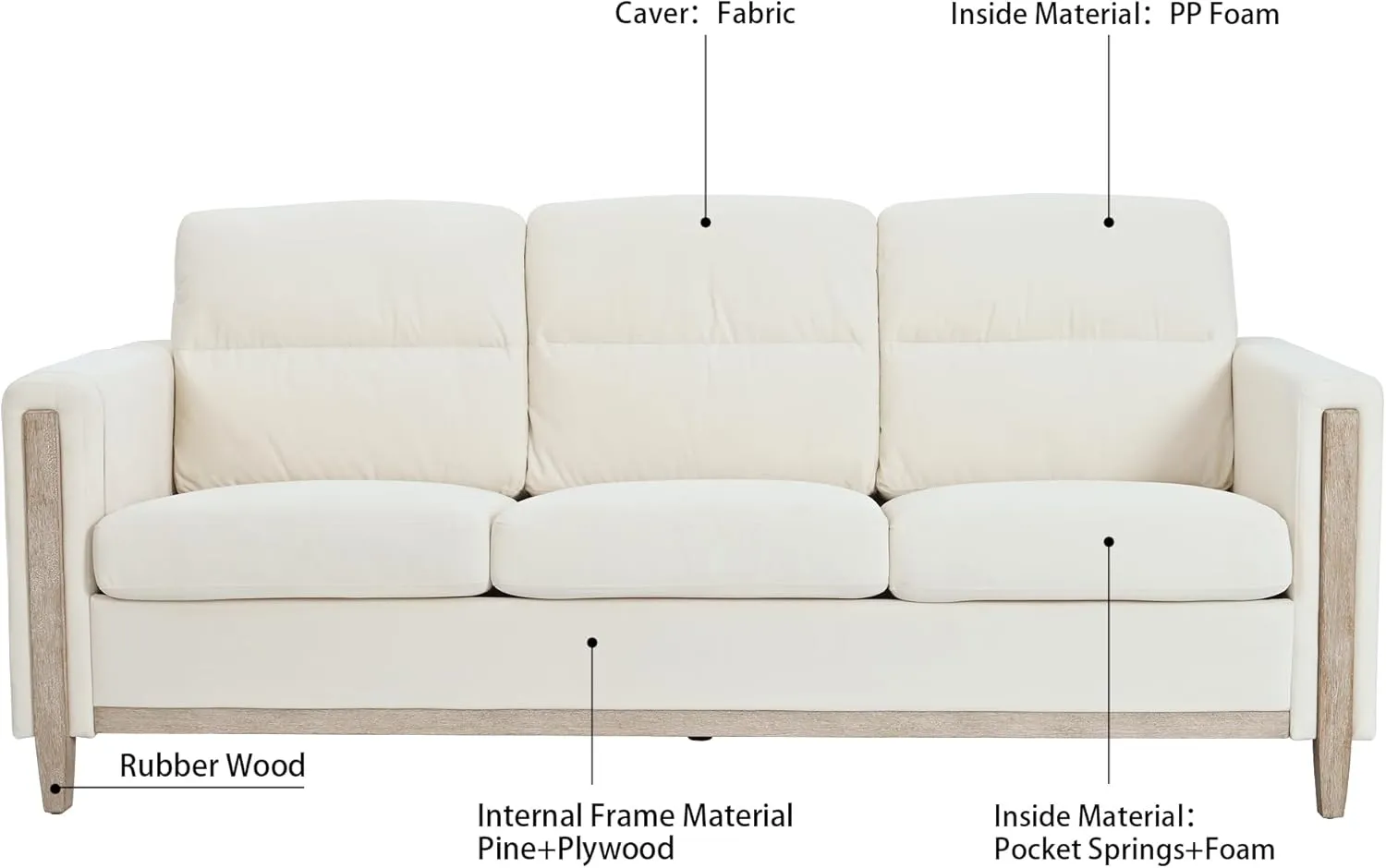 Ball & Cast 79.5" Sofa with Rubber Wood Legs,Modern Velvet Couch with Upholstered,Cushions and Side Pocket,Mid Century 3 Seater Comfy Couches for Living Room,Office,Apartment,Easy to Assemble,Beige
