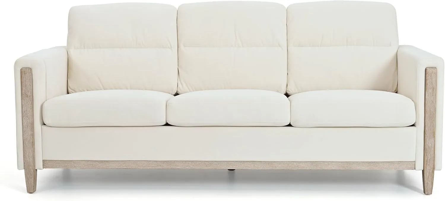 Ball & Cast 79.5" Sofa with Rubber Wood Legs,Modern Velvet Couch with Upholstered,Cushions and Side Pocket,Mid Century 3 Seater Comfy Couches for Living Room,Office,Apartment,Easy to Assemble,Beige