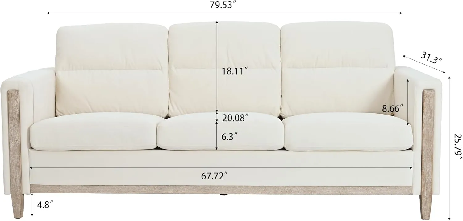 Ball & Cast 79.5" Sofa with Rubber Wood Legs,Modern Velvet Couch with Upholstered,Cushions and Side Pocket,Mid Century 3 Seater Comfy Couches for Living Room,Office,Apartment,Easy to Assemble,Beige