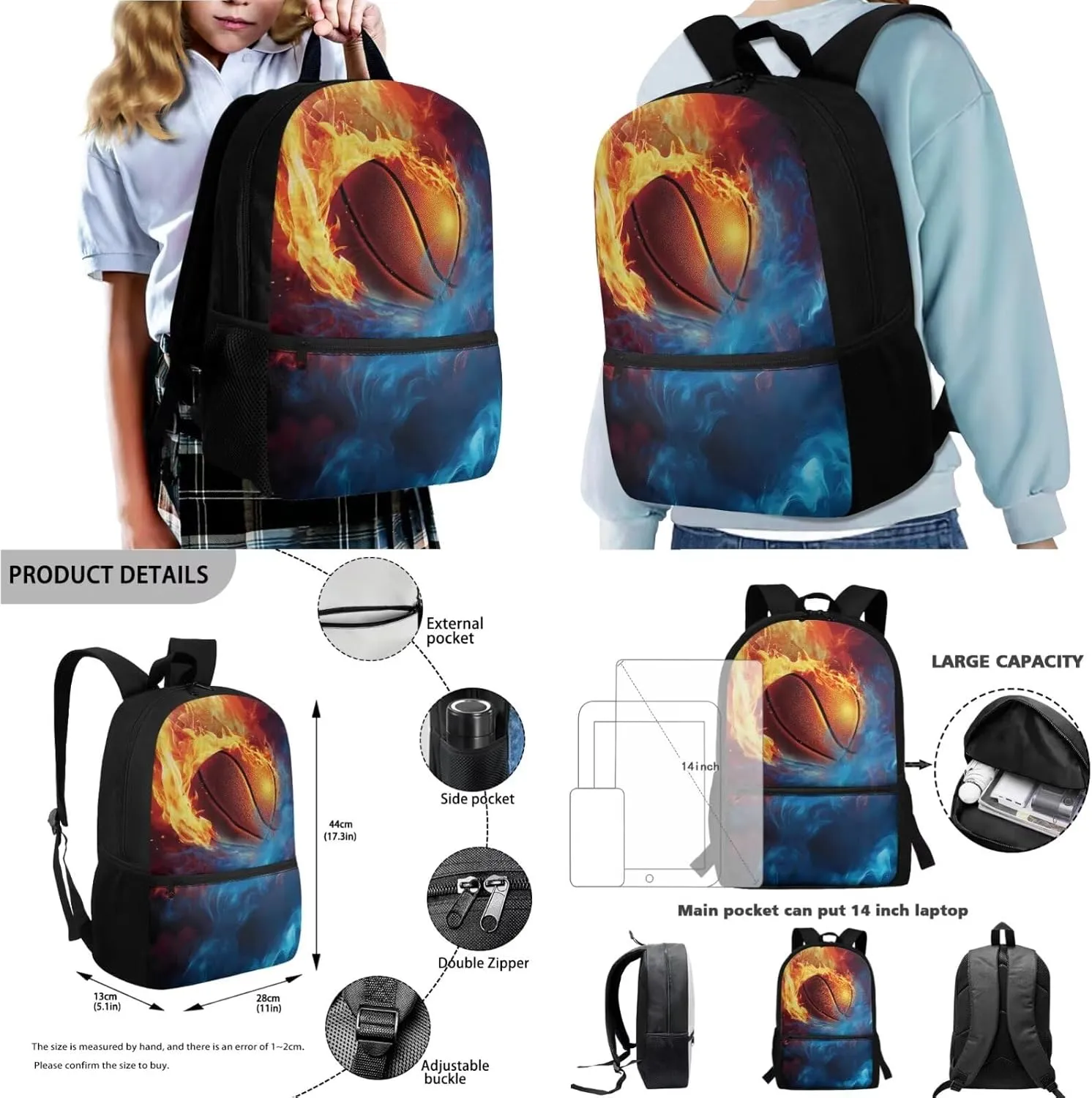 Basketball Fire Print 4-in-1 Backpack Set for Student Multifunctional School Bookbag Set with Lunch Box Pencil Case Water Bottle Sleeve, Waterproof Kids Travel Bookbag