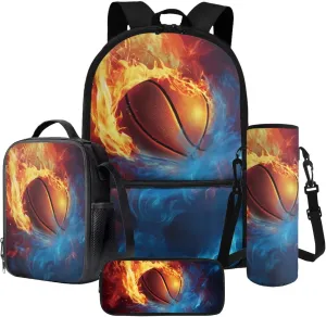 Basketball Fire Print 4-in-1 Backpack Set for Student Multifunctional School Bookbag Set with Lunch Box Pencil Case Water Bottle Sleeve, Waterproof Kids Travel Bookbag