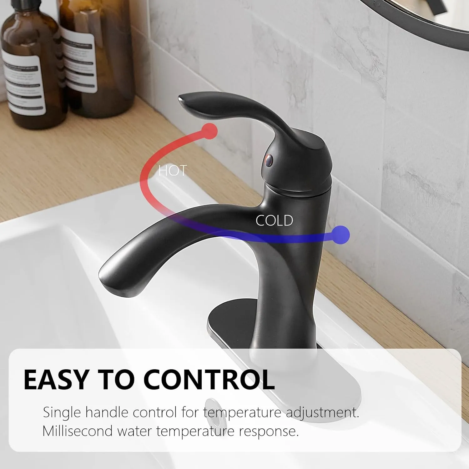 Bathroom Sink Faucet Black Single Hole Farmhouse Matte Black Single Handle Vanity Lavatory with Pop Up Drain Matt Mixer Tap with Overflow