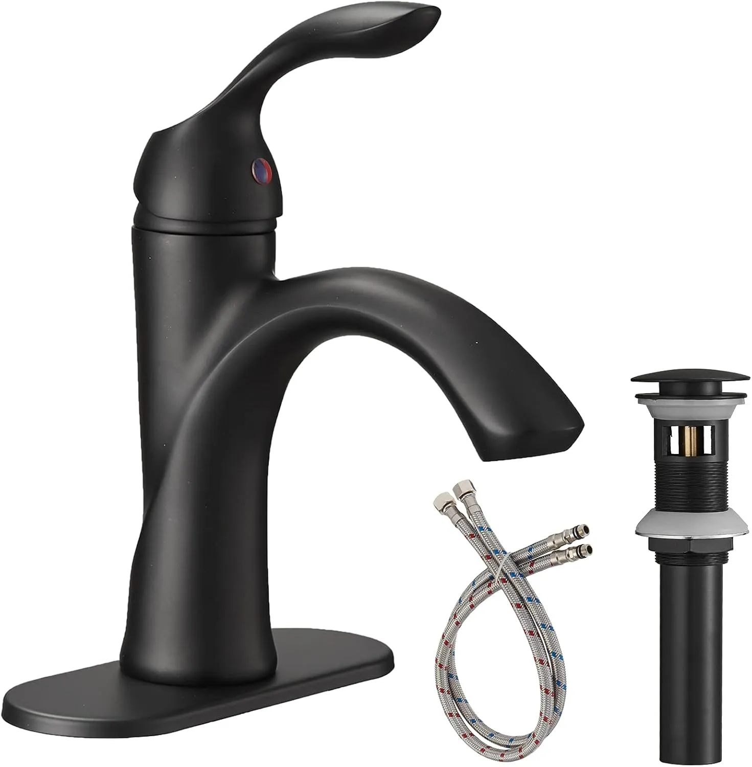Bathroom Sink Faucet Black Single Hole Farmhouse Matte Black Single Handle Vanity Lavatory with Pop Up Drain Matt Mixer Tap with Overflow