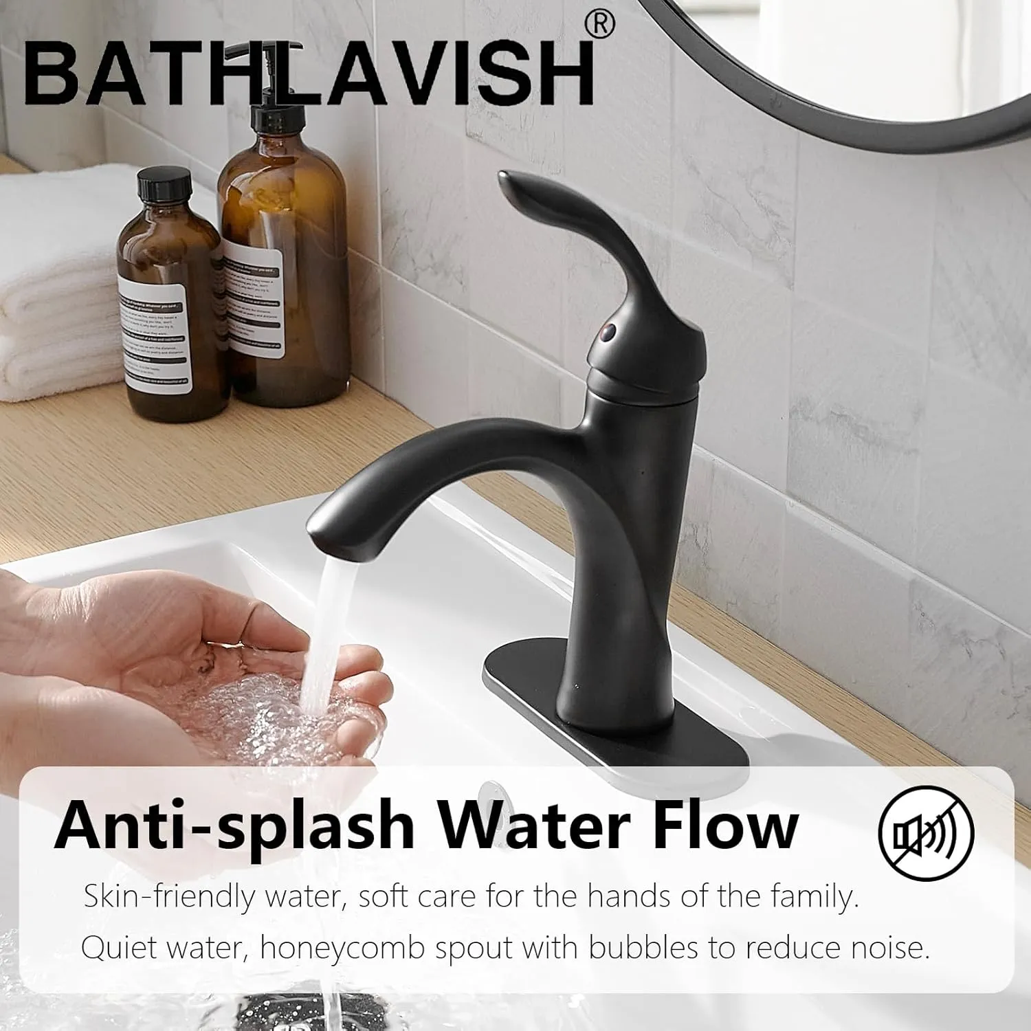 Bathroom Sink Faucet Black Single Hole Farmhouse Matte Black Single Handle Vanity Lavatory with Pop Up Drain Matt Mixer Tap with Overflow
