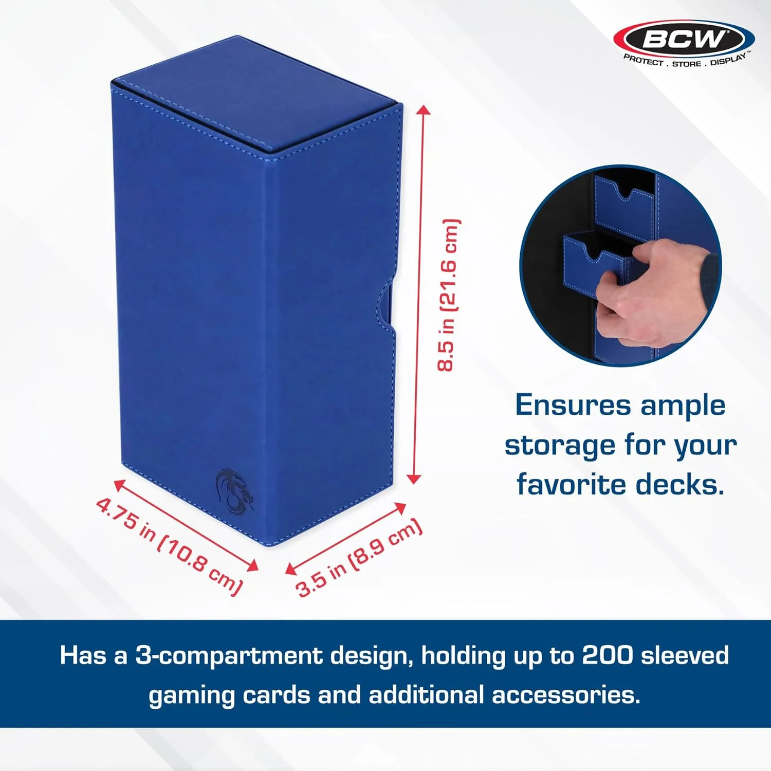 BCW Deck Vault-LX 200 - Blue | Premium Card Deck Box with 100 Sleeved Card Capacity, Magnetic Closure, and Dice Tray | For Magic Commander, Pokemon