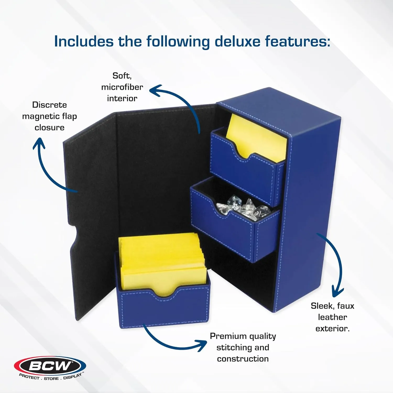 BCW Deck Vault-LX 200 - Blue | Premium Card Deck Box with 100 Sleeved Card Capacity, Magnetic Closure, and Dice Tray | For Magic Commander, Pokemon