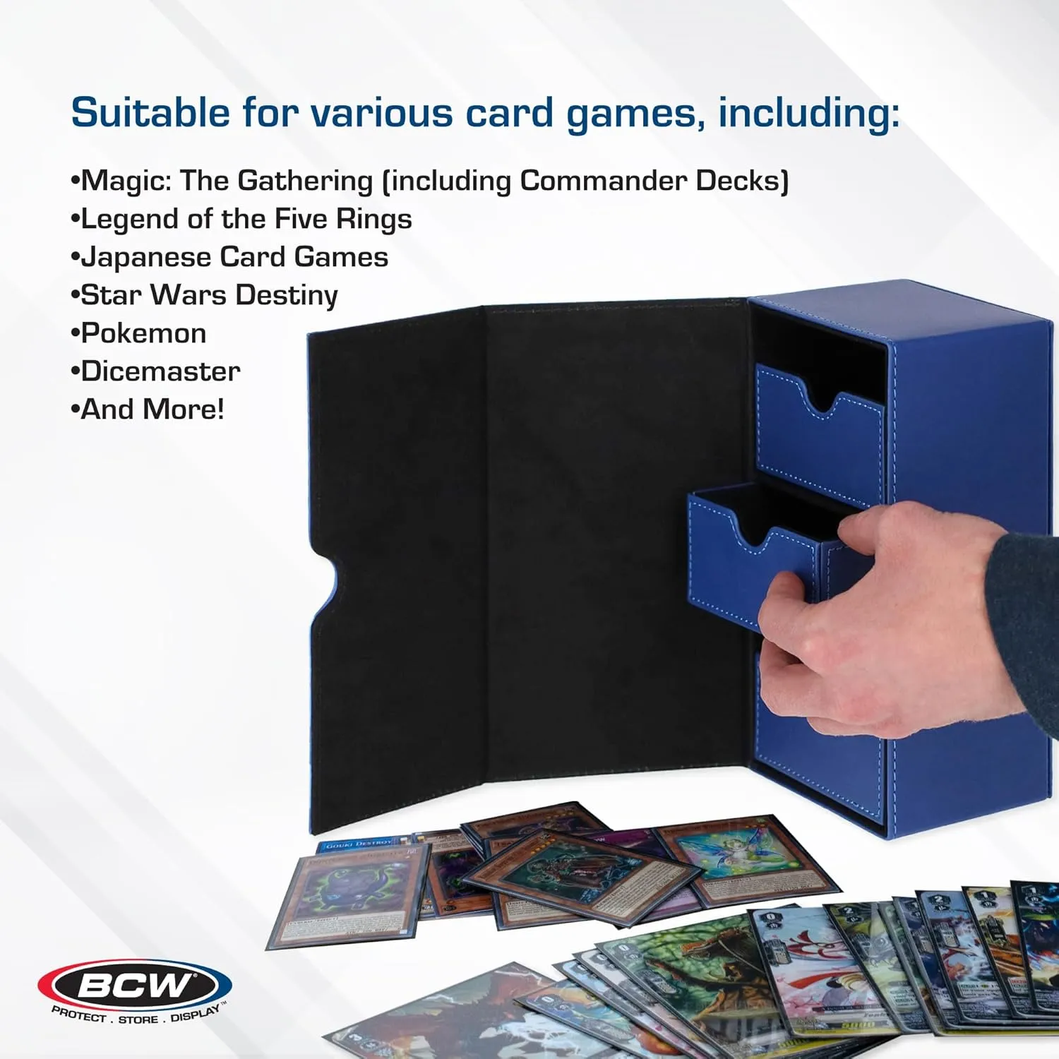 BCW Deck Vault-LX 200 - Blue | Premium Card Deck Box with 100 Sleeved Card Capacity, Magnetic Closure, and Dice Tray | For Magic Commander, Pokemon