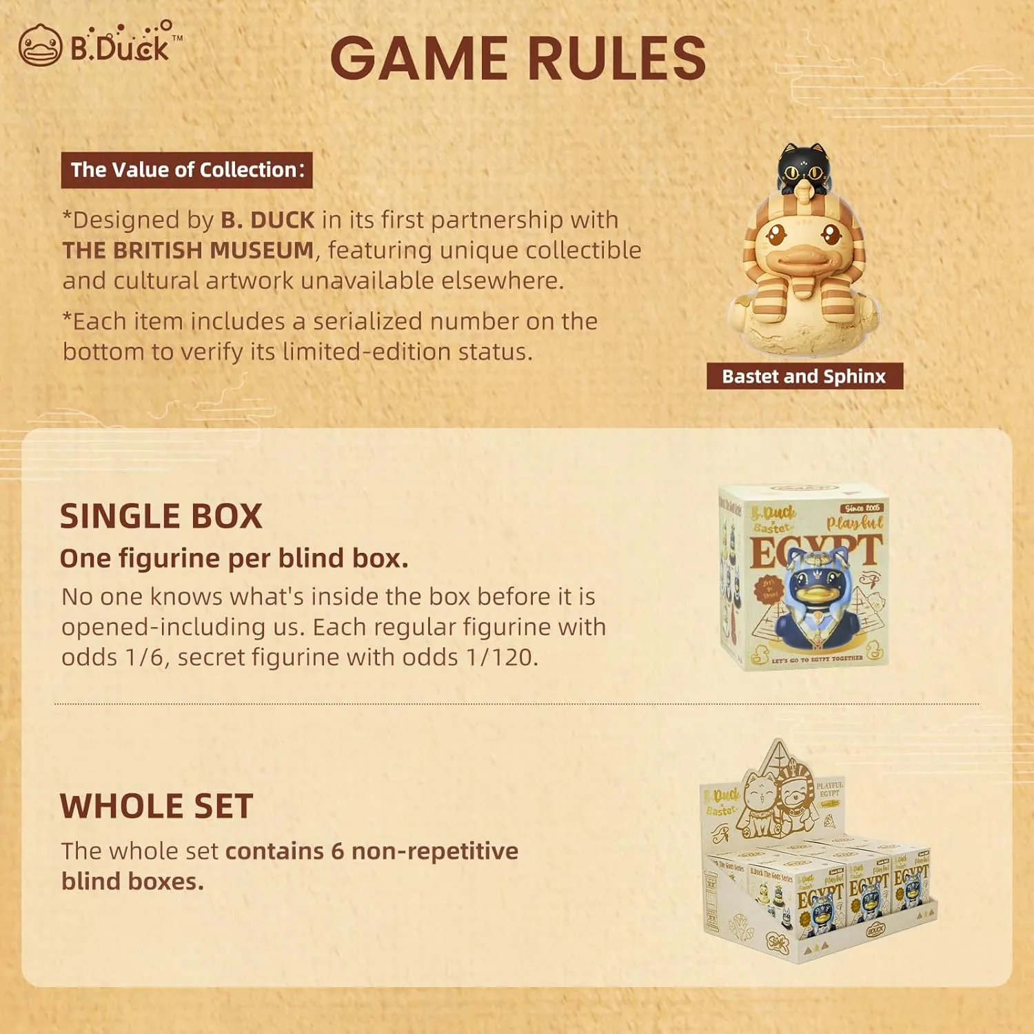 B.Duck x The British Museum Blind Box, Egyptian God Collectible Duck Figurines Series,Home Decorations, Holiday Birthday Gifts (B.Duck x Bastet Series, Single Box)