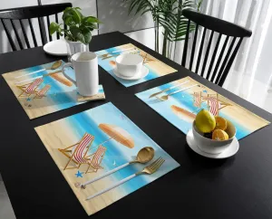 Beach Summer Placemats for Dining Table Set of 6, Cotton Linen Cloth for Square/Rectangle/Round Table Mat Placemat, Blue Sky Deck Chair Starfish Shells Kitchen Dinner Holiday Décor