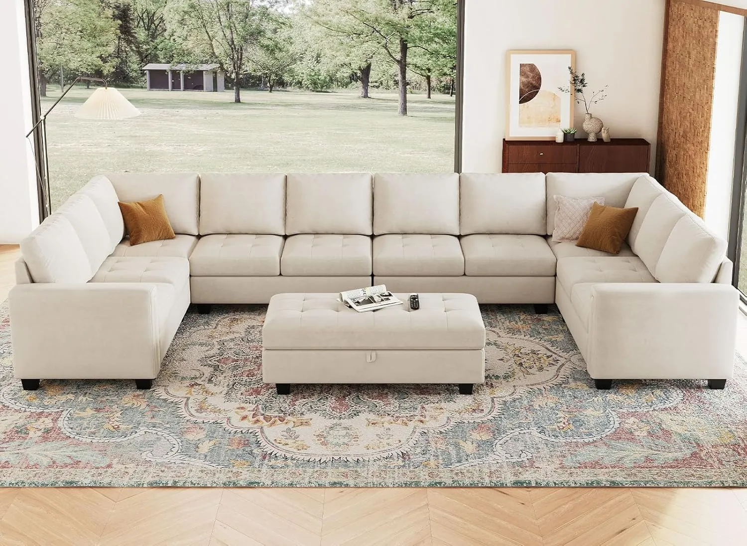 Belffin Oversized Modular Sectional Sofa U Shaped Sofa with Storage Ottoman Convertible 10-Seater Velvet Sectional Sofa with Chaises Beige