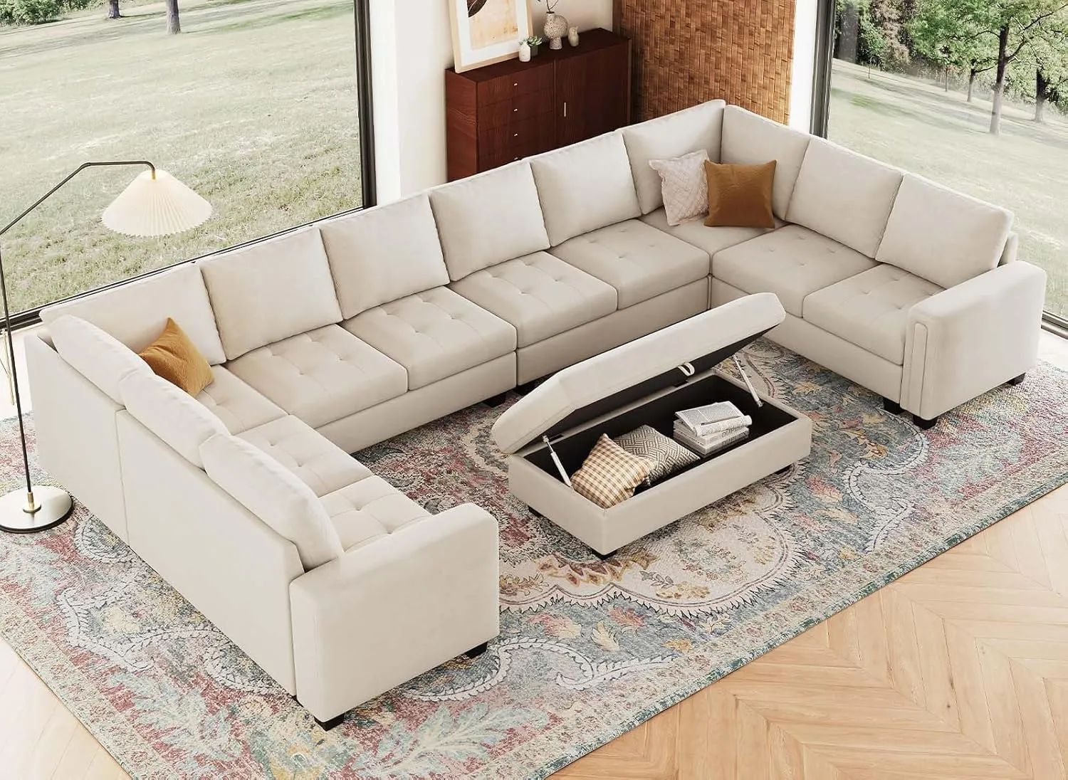 Belffin Oversized Modular Sectional Sofa U Shaped Sofa with Storage Ottoman Convertible 10-Seater Velvet Sectional Sofa with Chaises Beige