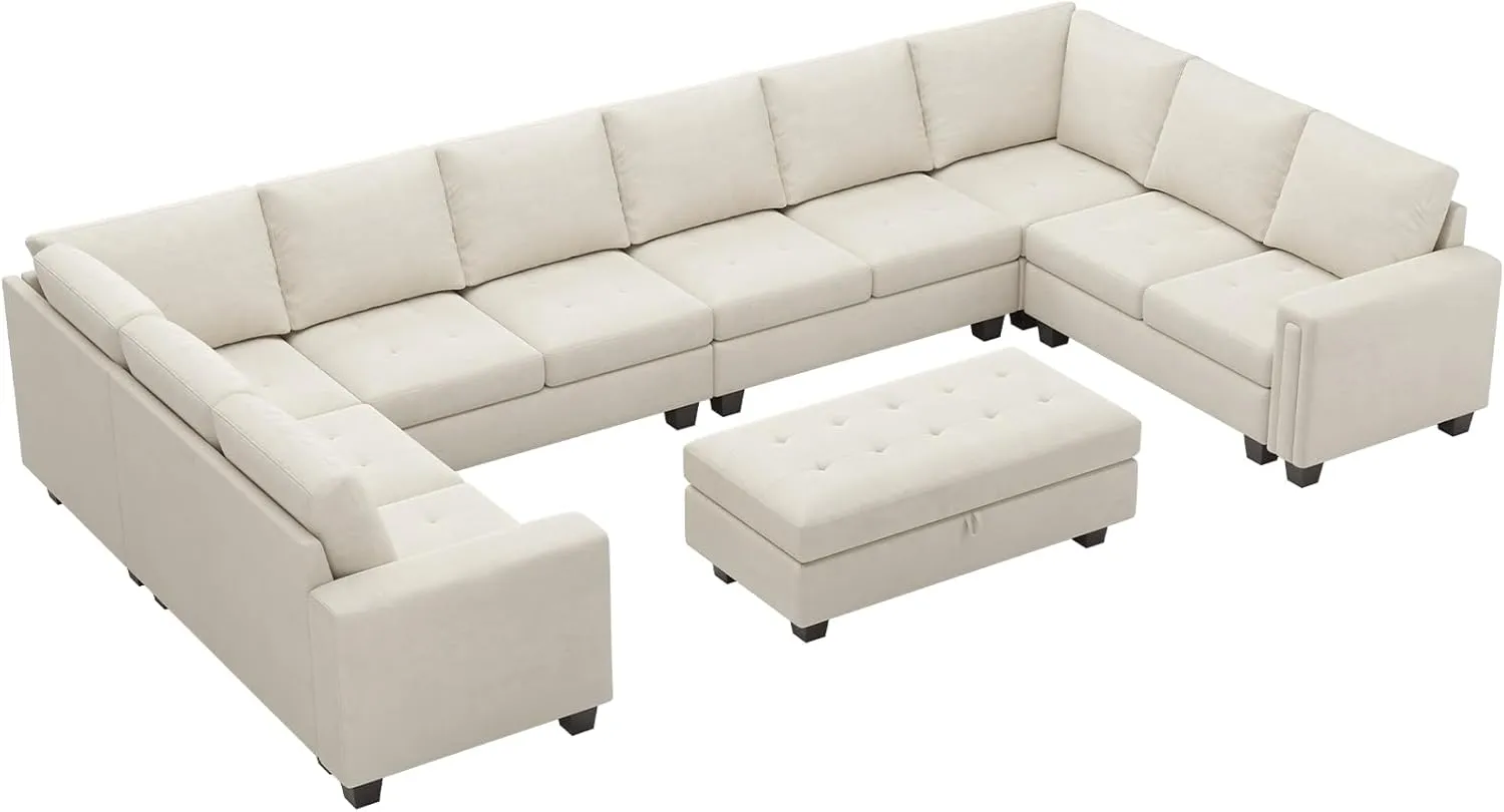 Belffin Oversized Modular Sectional Sofa U Shaped Sofa with Storage Ottoman Convertible 10-Seater Velvet Sectional Sofa with Chaises Beige
