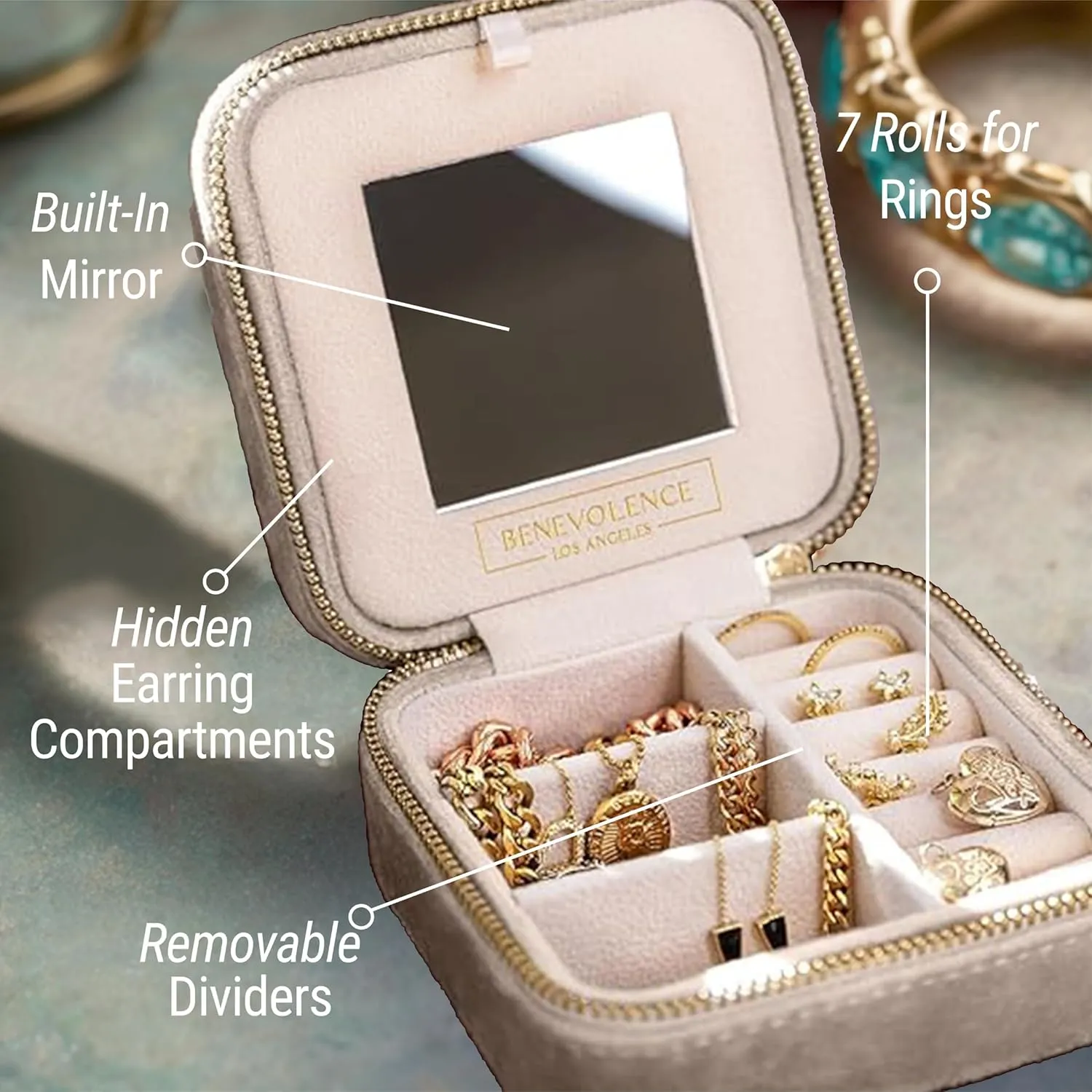 Benevolence LA Plush Velvet Jewelry Box | Travel Jewelry Case Organizer with Mirror | Featured in Oprah's Favorite Things | Best Gifts For Daughter, Girlfriend, Mom | Gifts For Her - Champagne