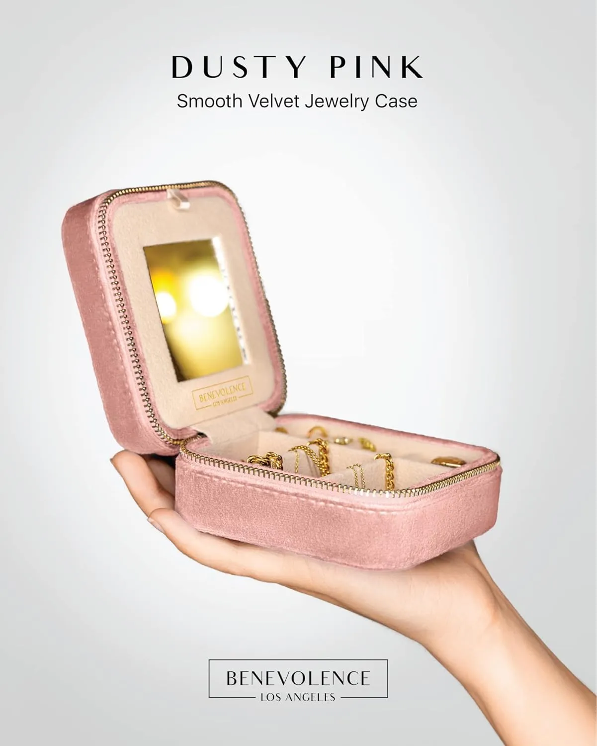 Benevolence LA Plush Velvet Jewelry Box | Travel Jewelry Case Organizer with Mirror | Featured in Oprah's Favorite Things | Best Gifts For Daughter, Girlfriend, Mom | Gifts For Her - Dusty Pink