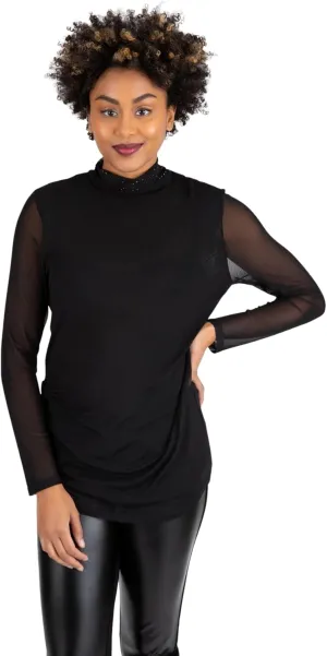 Berek Two Layer Mesh Mock Neck Top for Women, Rhinestone Crystals on Neck