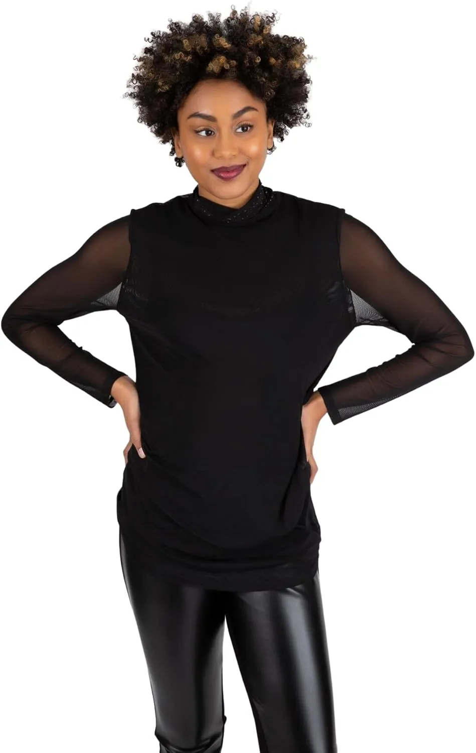 Berek Two Layer Mesh Mock Neck Top for Women, Rhinestone Crystals on Neck