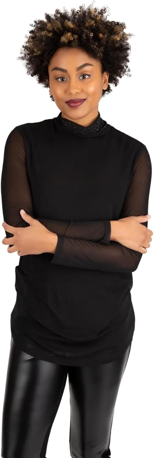Berek Two Layer Mesh Mock Neck Top for Women, Rhinestone Crystals on Neck
