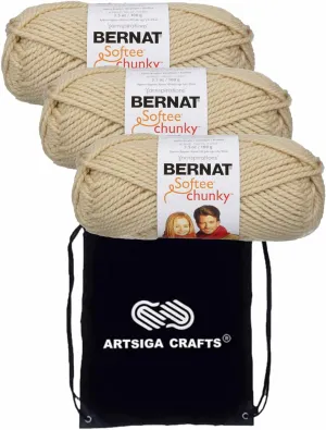 Bernat Knitting Yarn Softee Chunky Linen 3-Skein Factory Pack (Same Dyelot) 161128-28021 Bundle with 1 Artsiga Crafts Project Bag