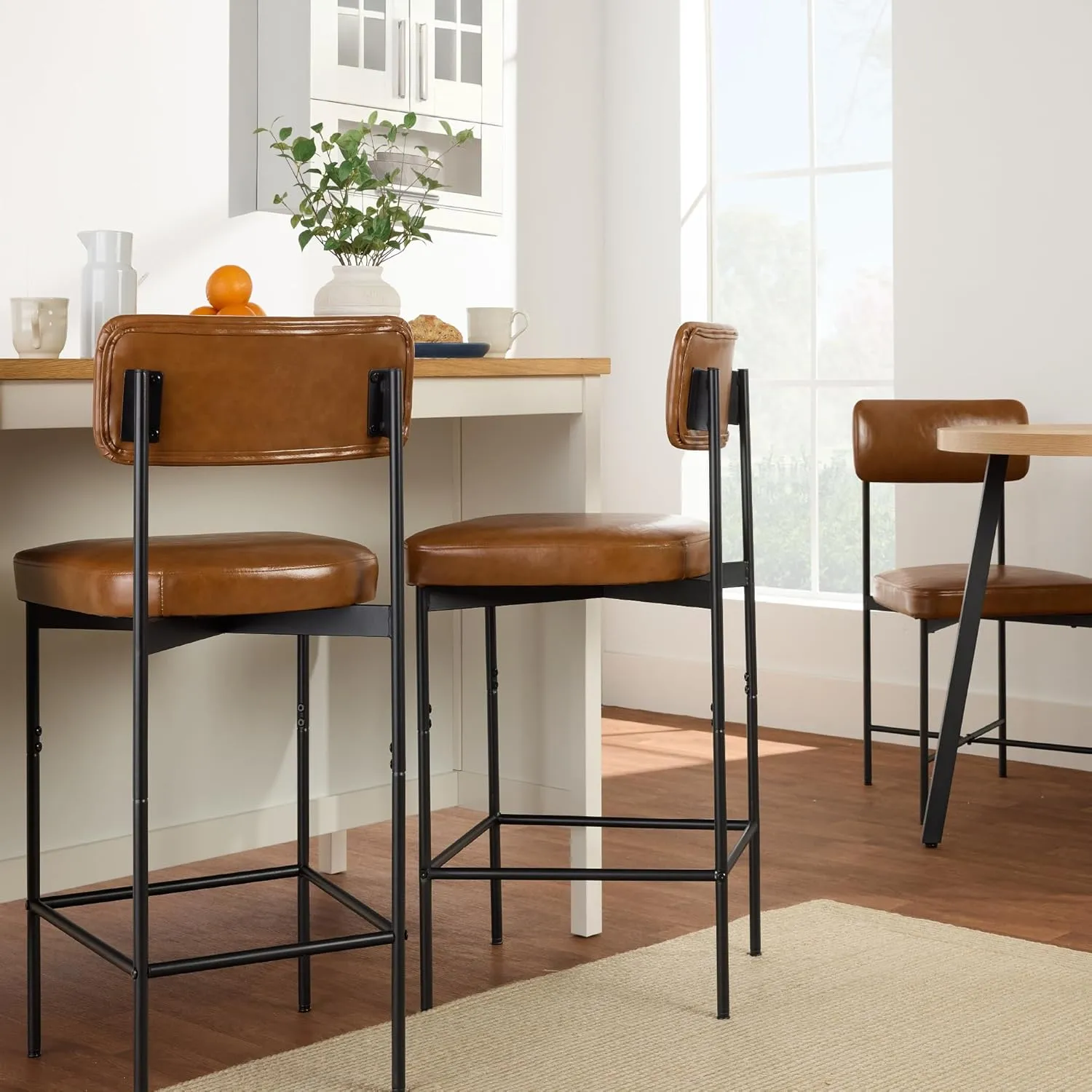 Best Choice Products Set of 3, Armless Counter Height Bar Stools, Modern PU Faux Leather Stools for Kitchen Island, Home, Dining - Camel Brown