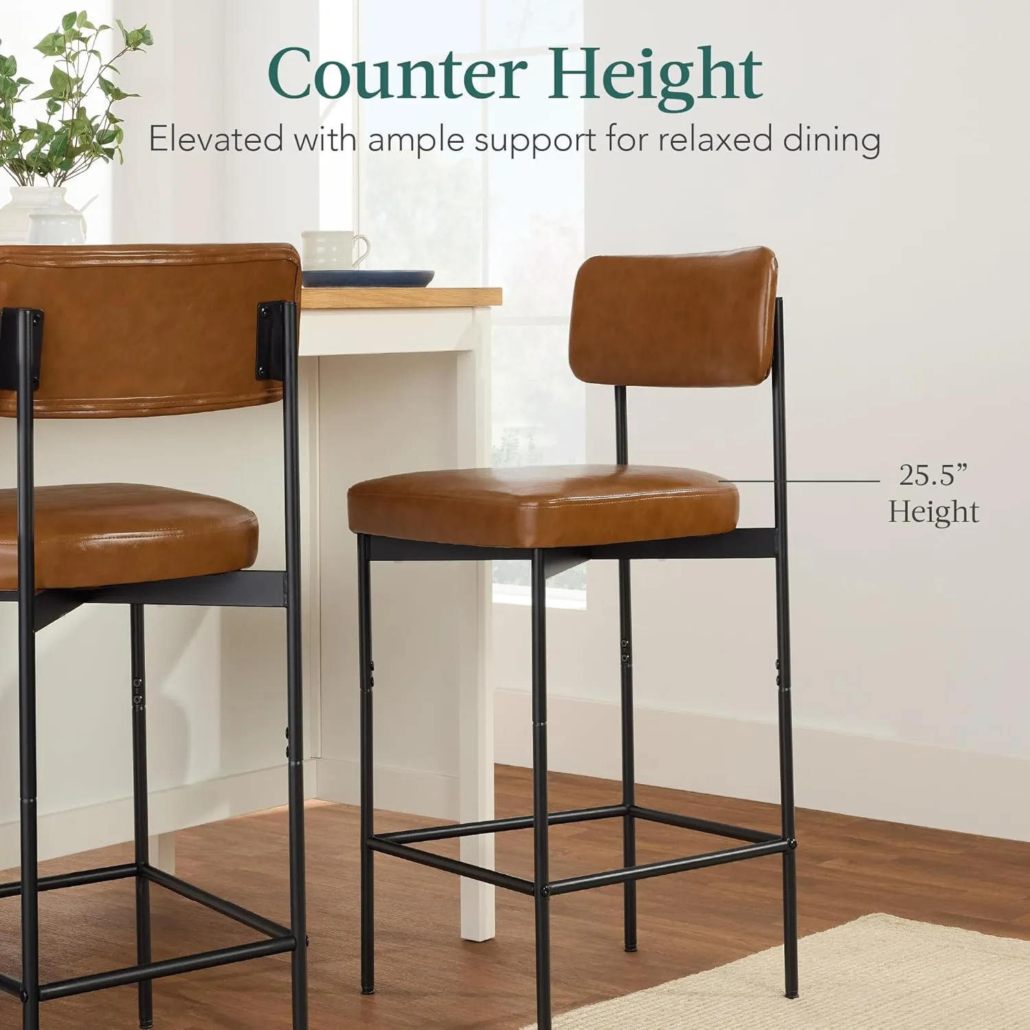Best Choice Products Set of 3, Armless Counter Height Bar Stools, Modern PU Faux Leather Stools for Kitchen Island, Home, Dining - Camel Brown