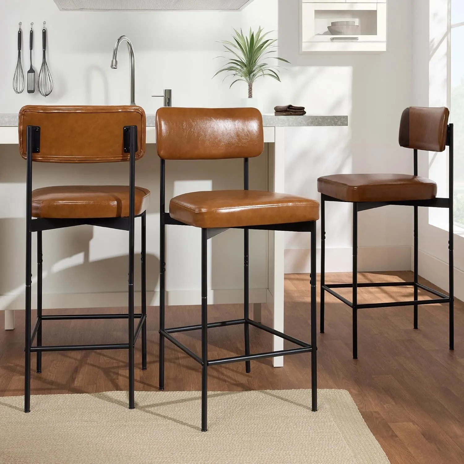 Best Choice Products Set of 3, Armless Counter Height Bar Stools, Modern PU Faux Leather Stools for Kitchen Island, Home, Dining - Camel Brown