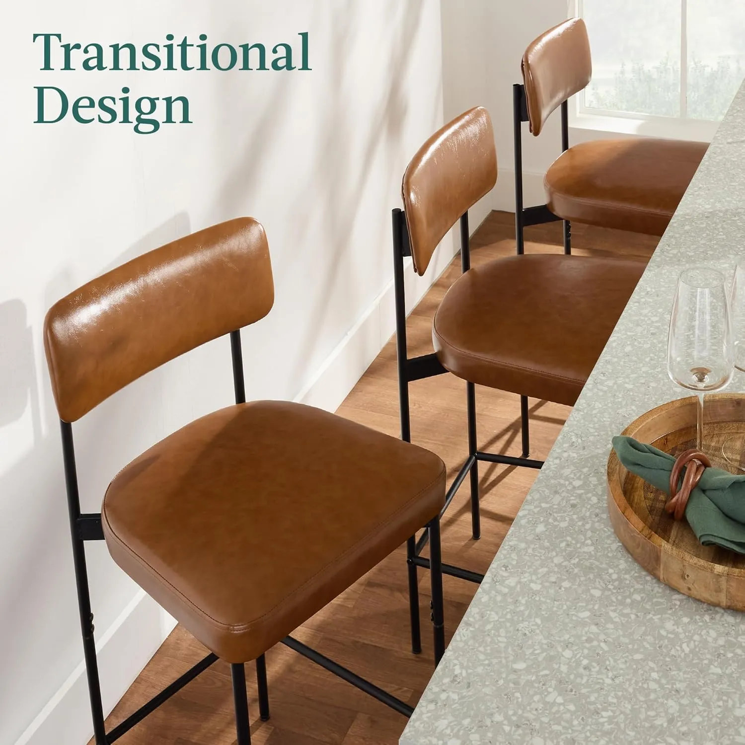Best Choice Products Set of 3, Armless Counter Height Bar Stools, Modern PU Faux Leather Stools for Kitchen Island, Home, Dining - Camel Brown