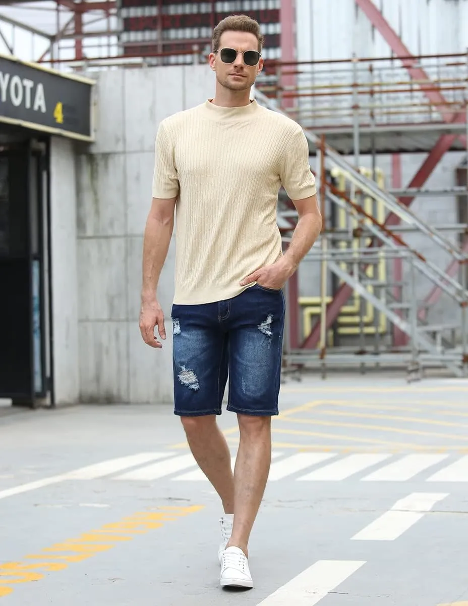 Betusline Mens Jean Shorts Distressed Ripped Denim Shorts Summer Casual Classic Straight Short Jeans