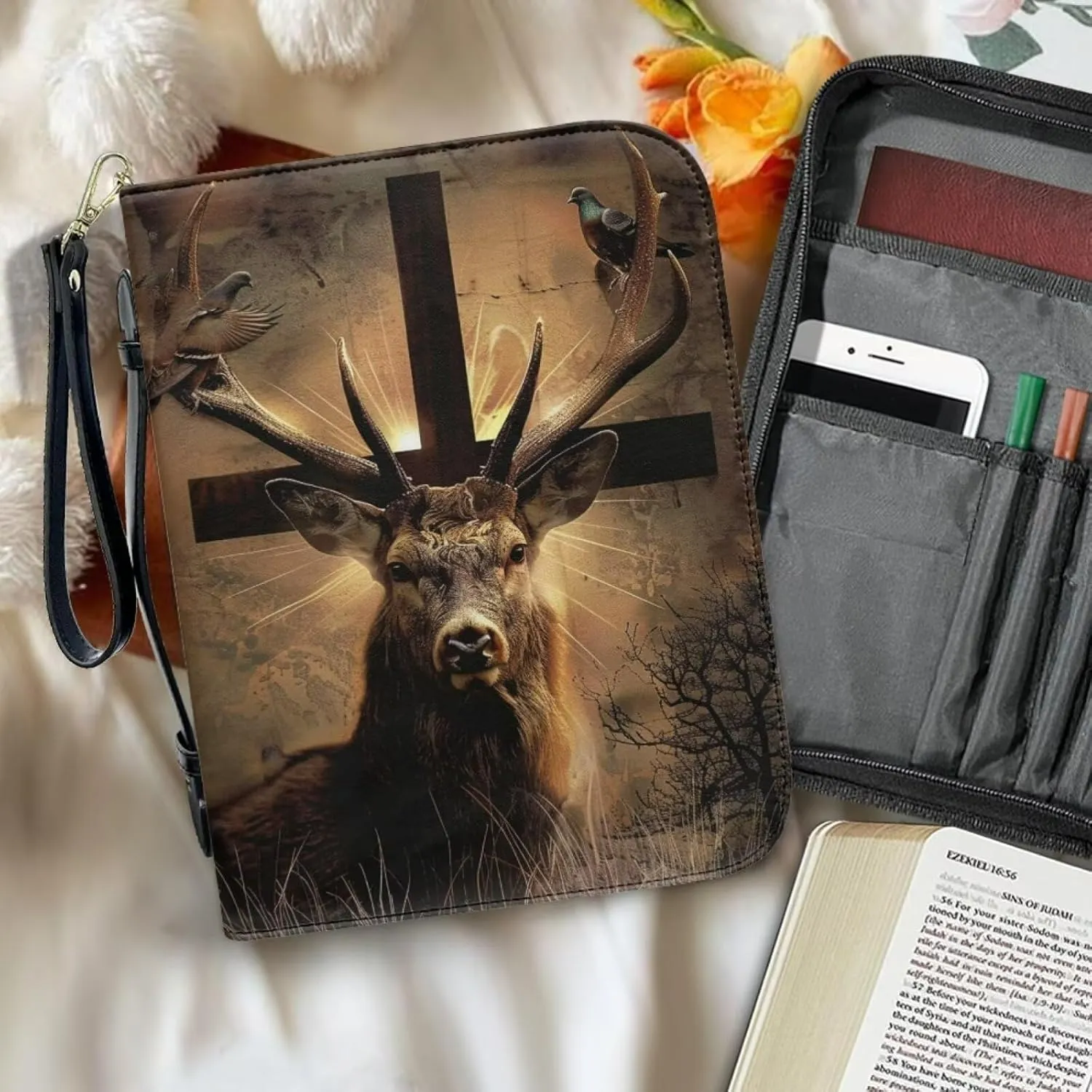 Bible Cover Case for Men Women Multi-Functional Waterproof Bible Bag Handbag with Handle and Wristlet Strap,Pigeon Cross Deer 1