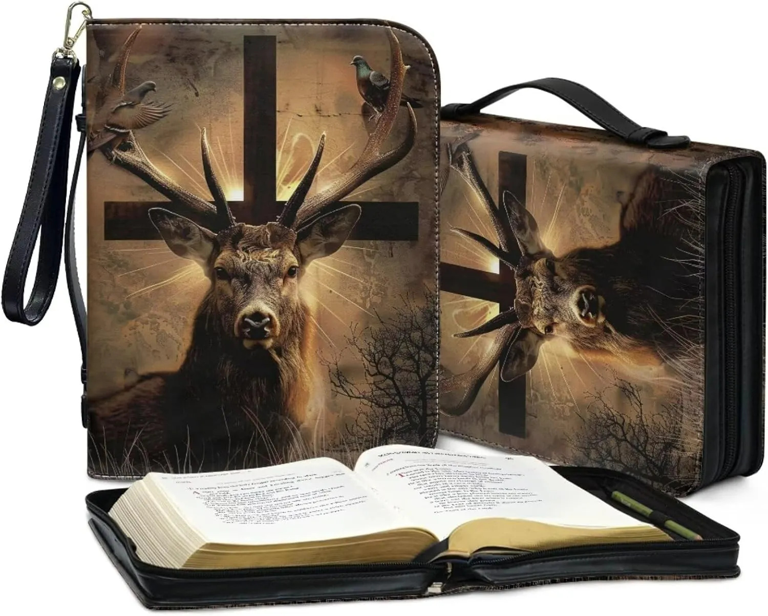 Bible Cover Case for Men Women Multi-Functional Waterproof Bible Bag Handbag with Handle and Wristlet Strap,Pigeon Cross Deer 1