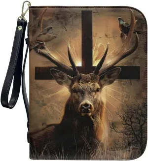 Bible Cover Case for Men Women Multi-Functional Waterproof Bible Bag Handbag with Handle and Wristlet Strap,Pigeon Cross Deer 1
