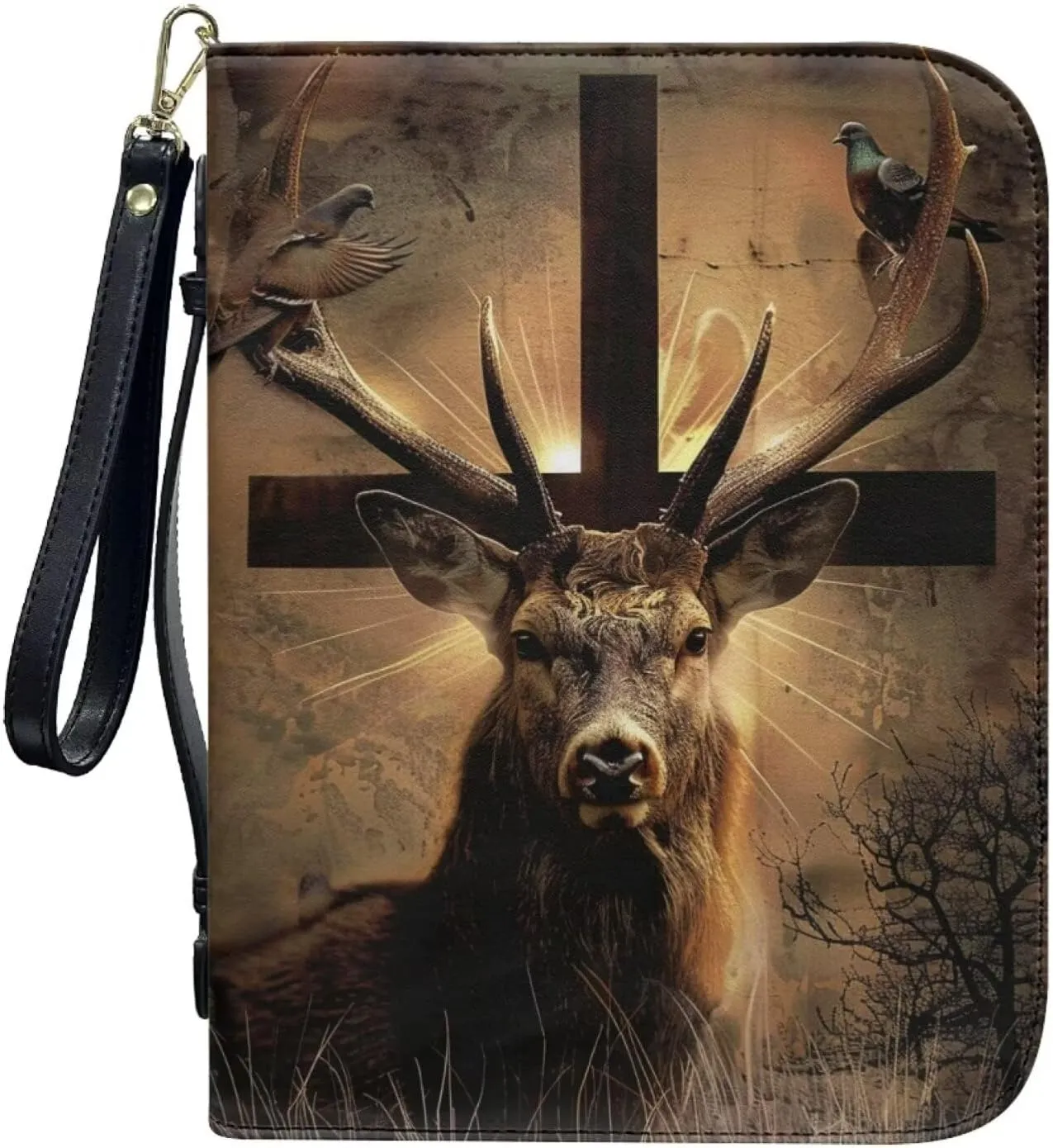 Bible Cover Case for Men Women Multi-Functional Waterproof Bible Bag Handbag with Handle and Wristlet Strap,Pigeon Cross Deer 1