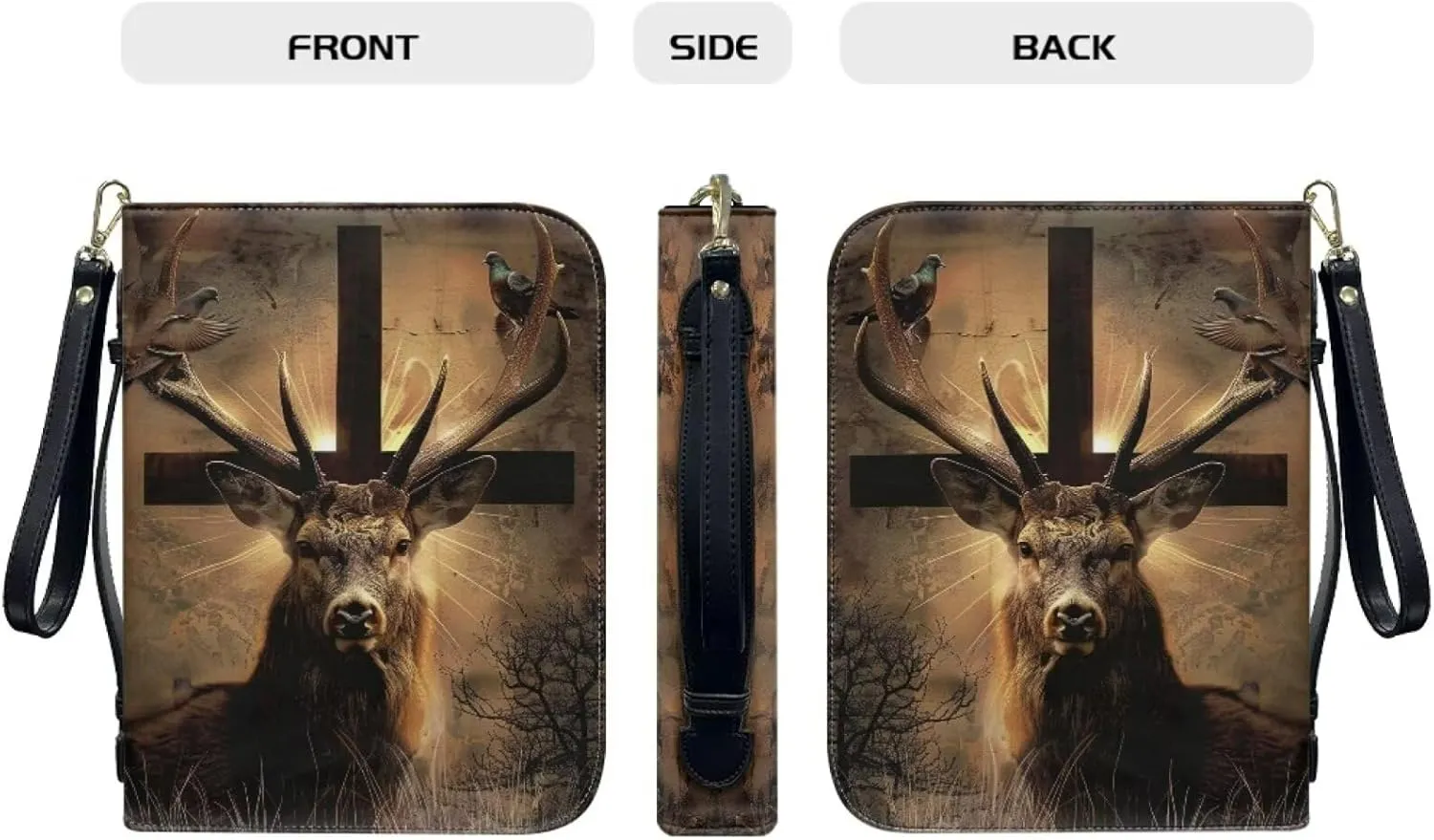 Bible Cover Case for Men Women Multi-Functional Waterproof Bible Bag Handbag with Handle and Wristlet Strap,Pigeon Cross Deer 1