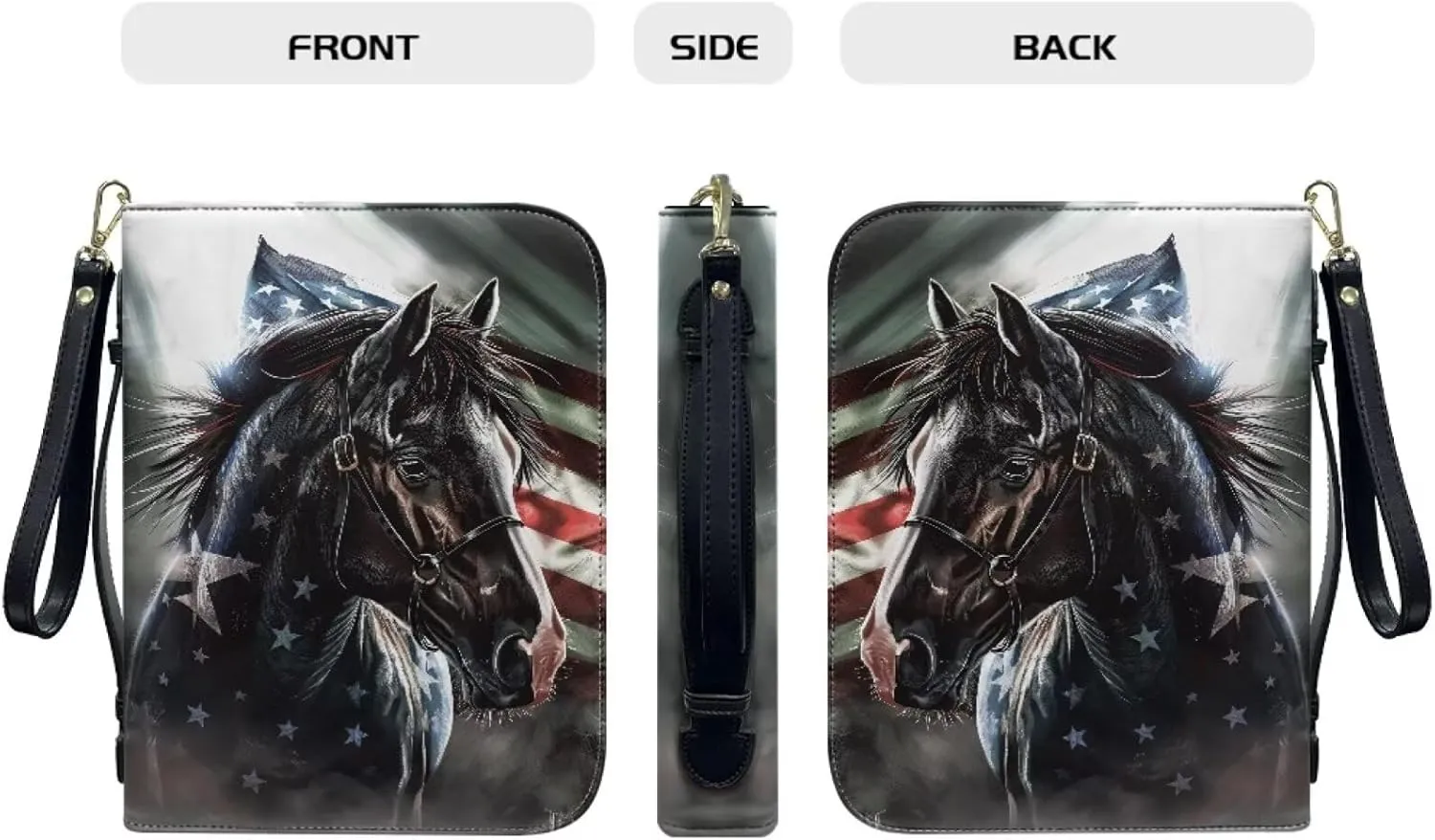 Bible Cover for Women Men Bible Case Study Bible Carrying Case Organizer Tote Bag with Zipper Handles PU Leather Bible Case with Wristlet Strap,American Flag Horse