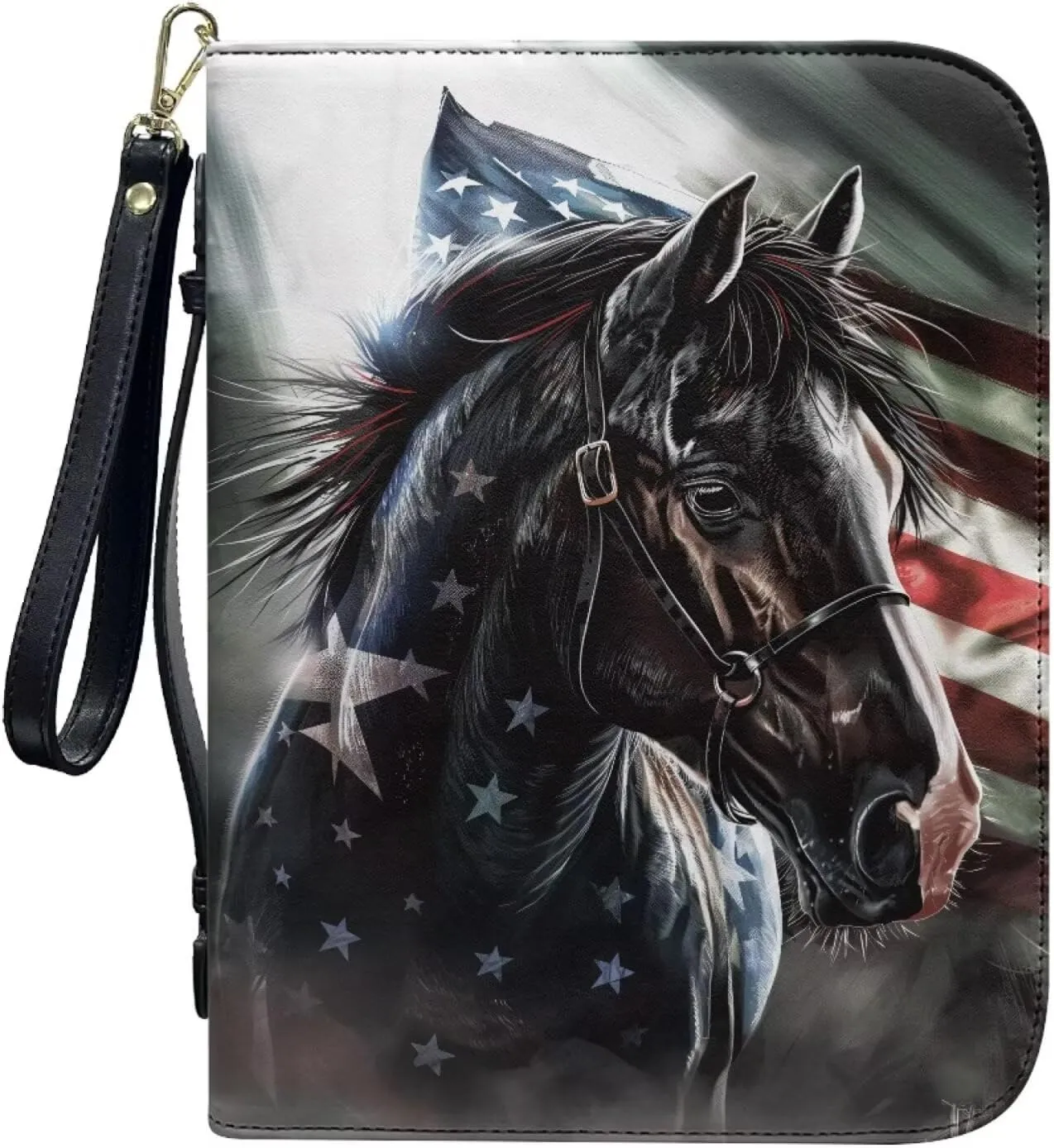 Bible Cover for Women Men Bible Case Study Bible Carrying Case Organizer Tote Bag with Zipper Handles PU Leather Bible Case with Wristlet Strap,American Flag Horse