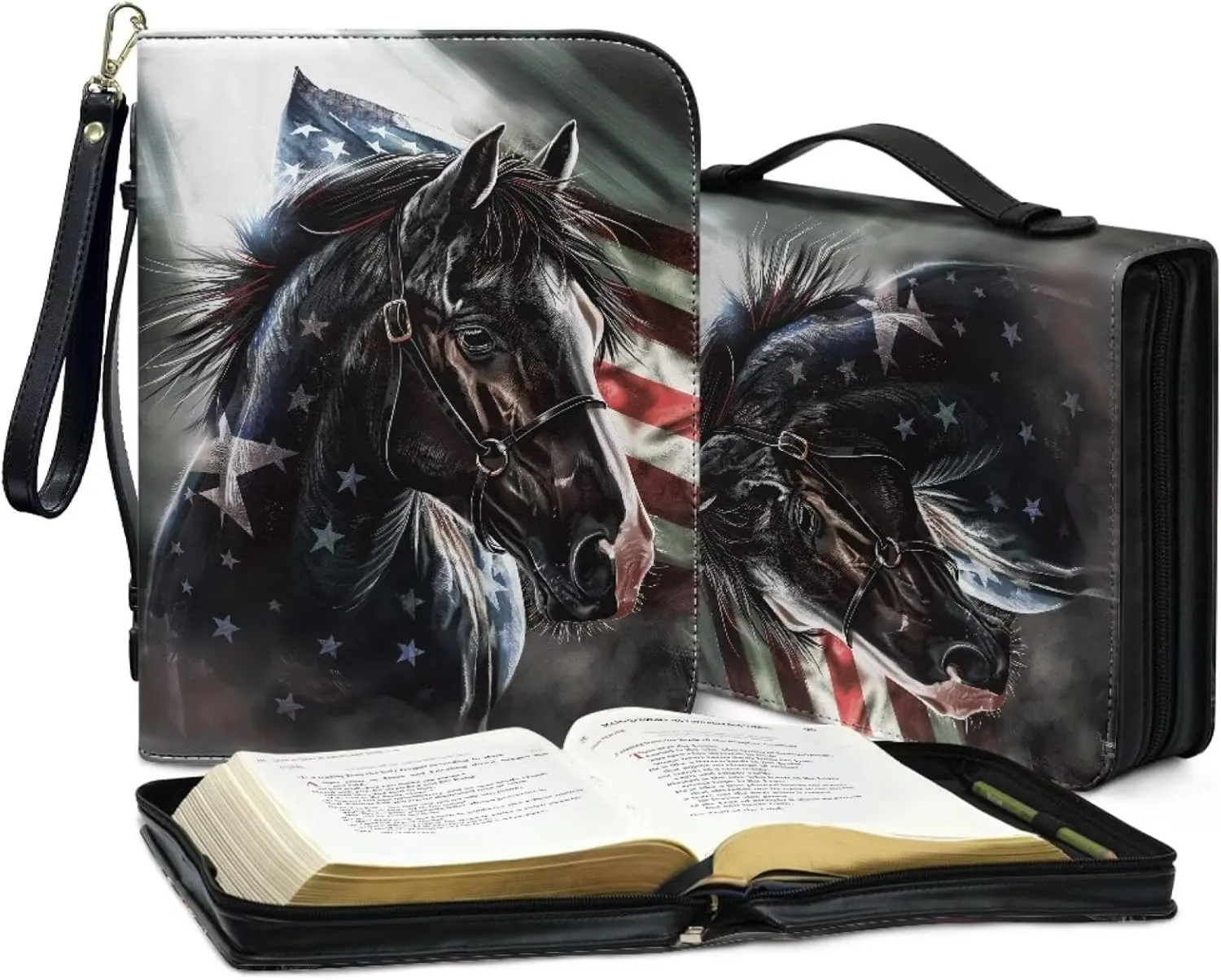 Bible Cover for Women Men Bible Case Study Bible Carrying Case Organizer Tote Bag with Zipper Handles PU Leather Bible Case with Wristlet Strap,American Flag Horse