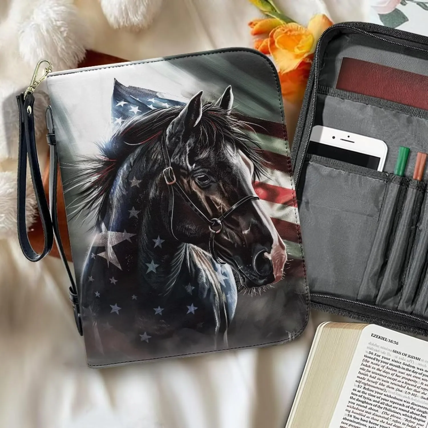 Bible Cover for Women Men Bible Case Study Bible Carrying Case Organizer Tote Bag with Zipper Handles PU Leather Bible Case with Wristlet Strap,American Flag Horse