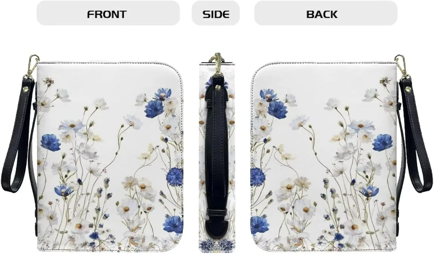 Bible Cover for Women Men Fashion Bible Bags with Zipper and Wrist Strap Optional Bible Handbag Bible Accessories Church Bag,White and Blue Floral 1