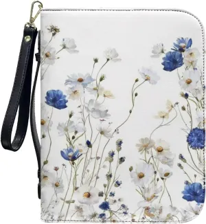 Bible Cover for Women Men Fashion Bible Bags with Zipper and Wrist Strap Optional Bible Handbag Bible Accessories Church Bag,White and Blue Floral 1