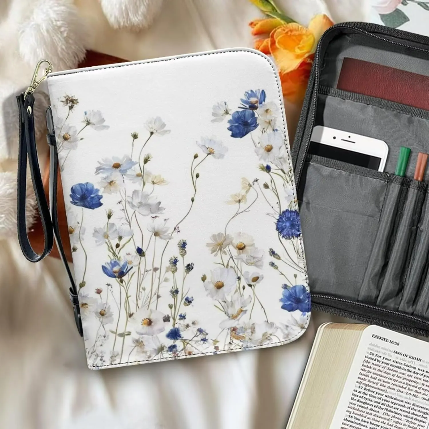 Bible Cover for Women Men Fashion Bible Bags with Zipper and Wrist Strap Optional Bible Handbag Bible Accessories Church Bag,White and Blue Floral 1