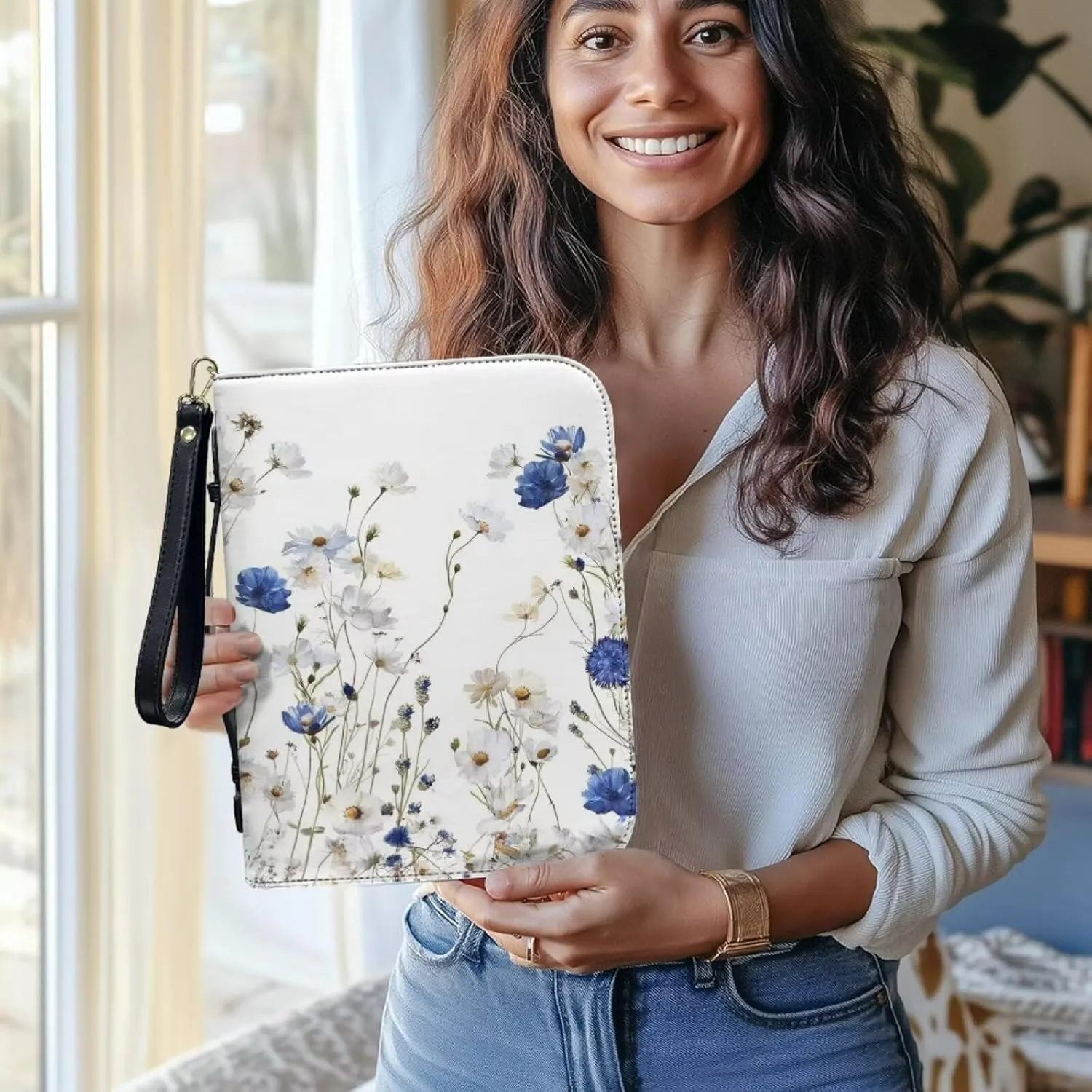 Bible Cover for Women Men Fashion Bible Bags with Zipper and Wrist Strap Optional Bible Handbag Bible Accessories Church Bag,White and Blue Floral 1