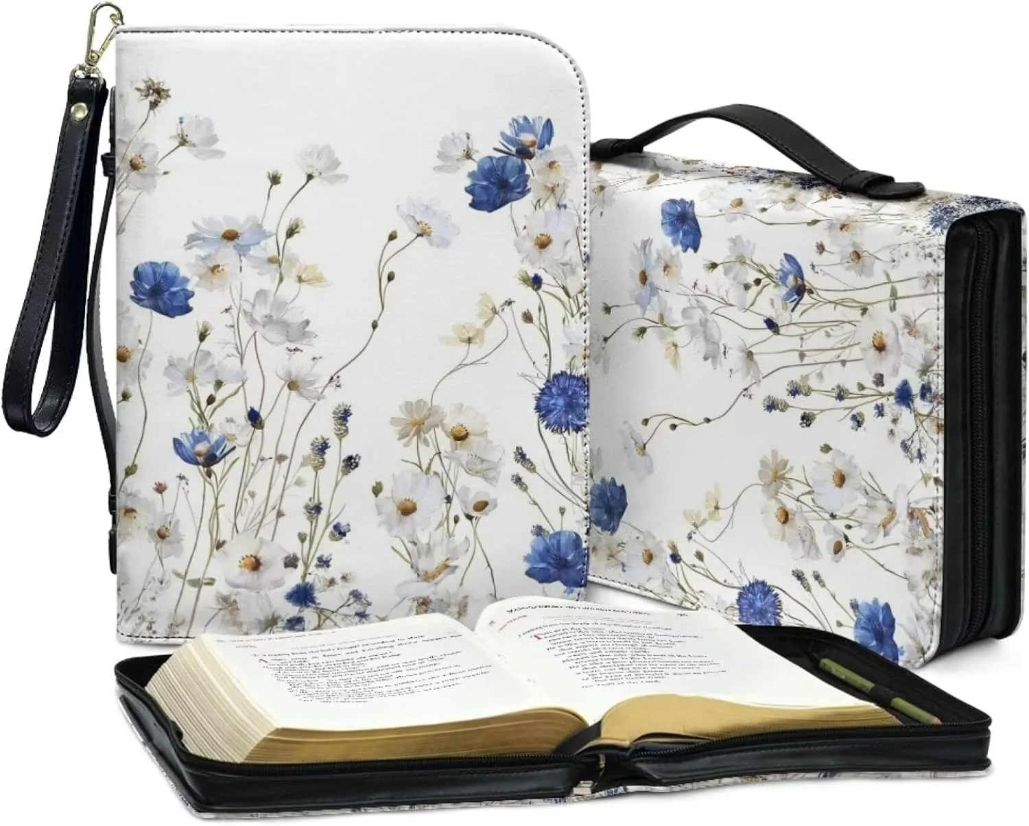 Bible Cover for Women Men Fashion Bible Bags with Zipper and Wrist Strap Optional Bible Handbag Bible Accessories Church Bag,White and Blue Floral 1