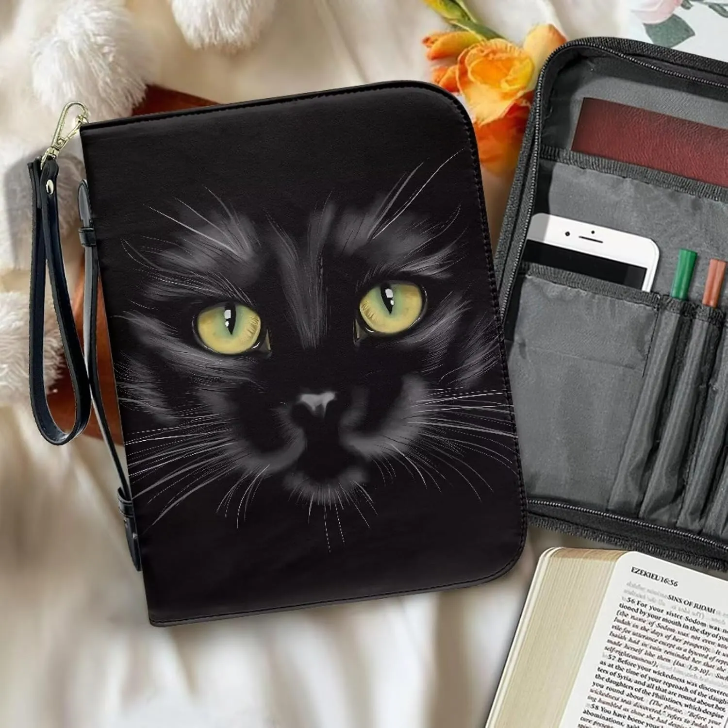 Bible Covers with Wristlet Strap for Women Men PU Leather Church Bible Bag Zippered Book Carrying Case Christian Bag for Prayer Outdoor Study,Black Cat