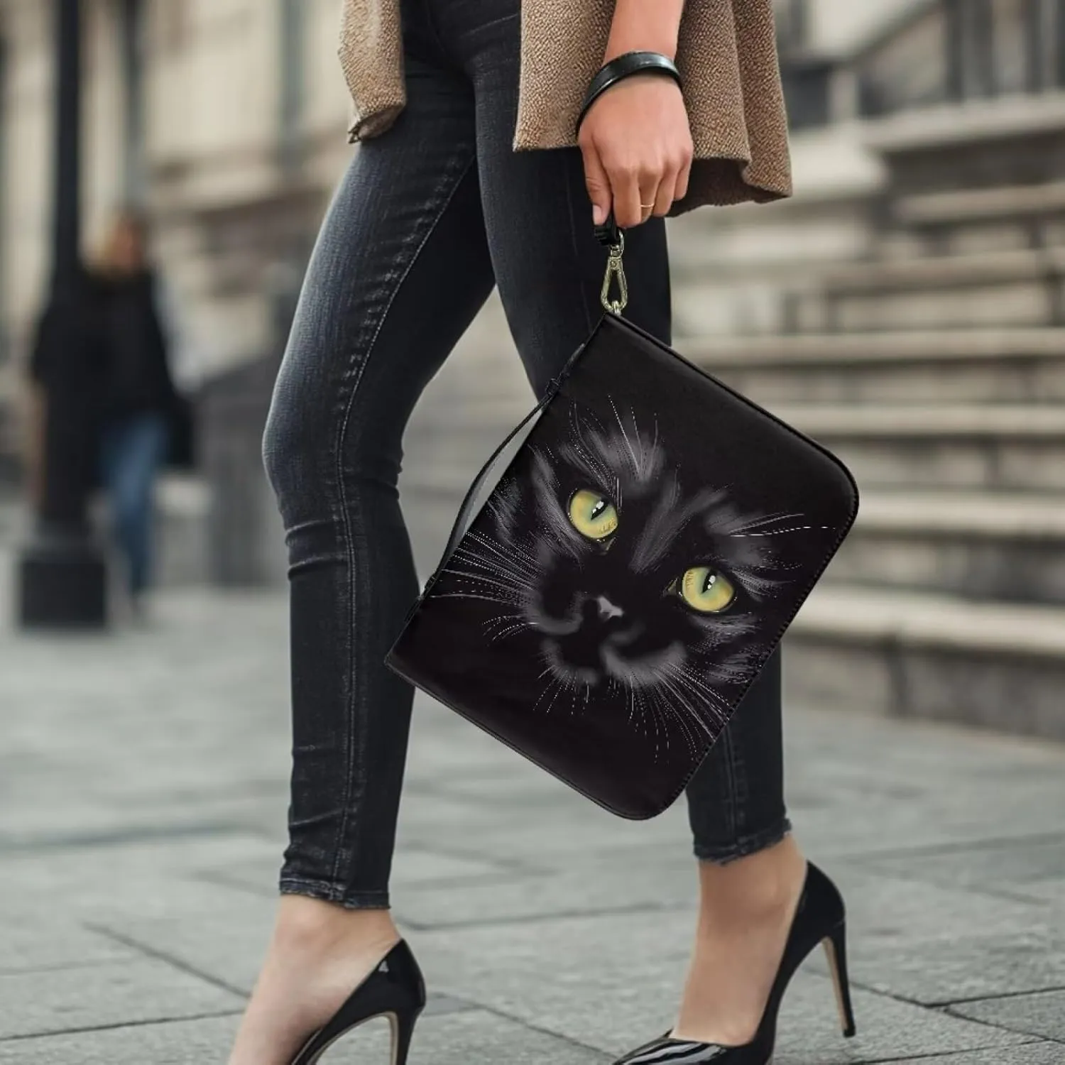 Bible Covers with Wristlet Strap for Women Men PU Leather Church Bible Bag Zippered Book Carrying Case Christian Bag for Prayer Outdoor Study,Black Cat